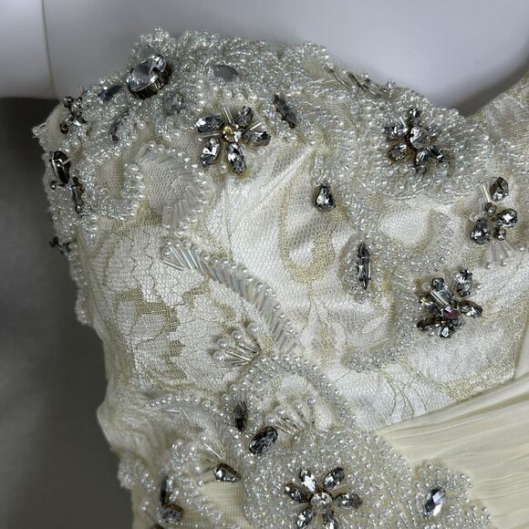 Size 6 Maxi One Shoulder Lace Gown Maxi Dress Whimsical Fairy Angelic Prom Ivory - Picture 8 of 9
